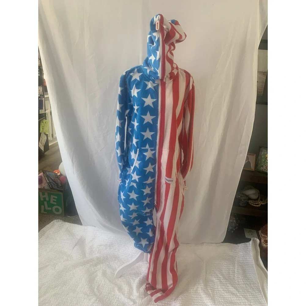 Tipsy Elves Mens Large American Fleece Onesie Jumpsuit Stars Stripes USA L - Picture 5 of 5